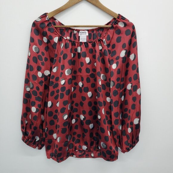 Monroe & Main Red Polka Dot Print Peasant Blouse L Sheer 3/4 Balloon Sleeve Top - Picture 3 of 15